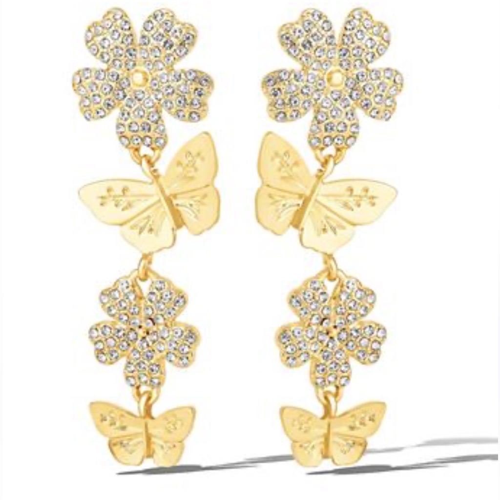 Vertical Butterfly Drop Earrings With Shiny Gold Finish